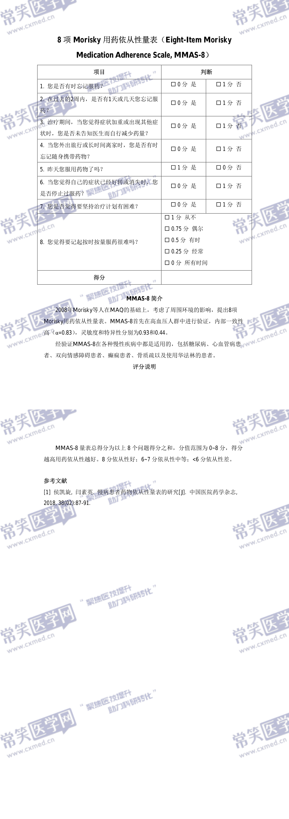 8项Morisky用药依从性量表 常笑医学网